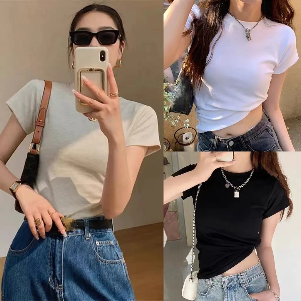 ♞,♘Suitcute เสื้อยืดสีขาวผู้หญิง/แขนสั้นรอบคอ ดูผอมลงเสื้อยืดฝ้ายขาว นุ่มมาก LTG