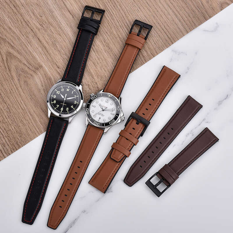 Leather Genuine Silicone Watch Strap Leather Strap Wrist Watch 20Mm 22Mm Silicone Strap Band Watch
