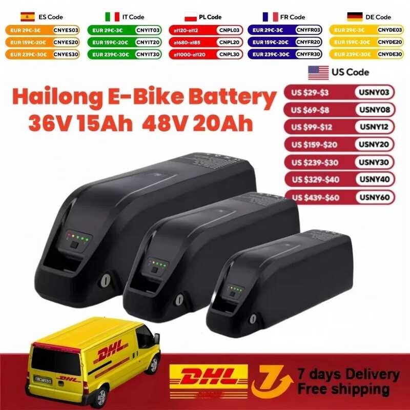 48V 36V 52V Hailong Ebike พร้อมที่ชาร์จ ความจุเต็ม 10Ah 15Ah 20Ah แบตเตอรี่ลิเธียม 18650 ที่ทรงพลัง