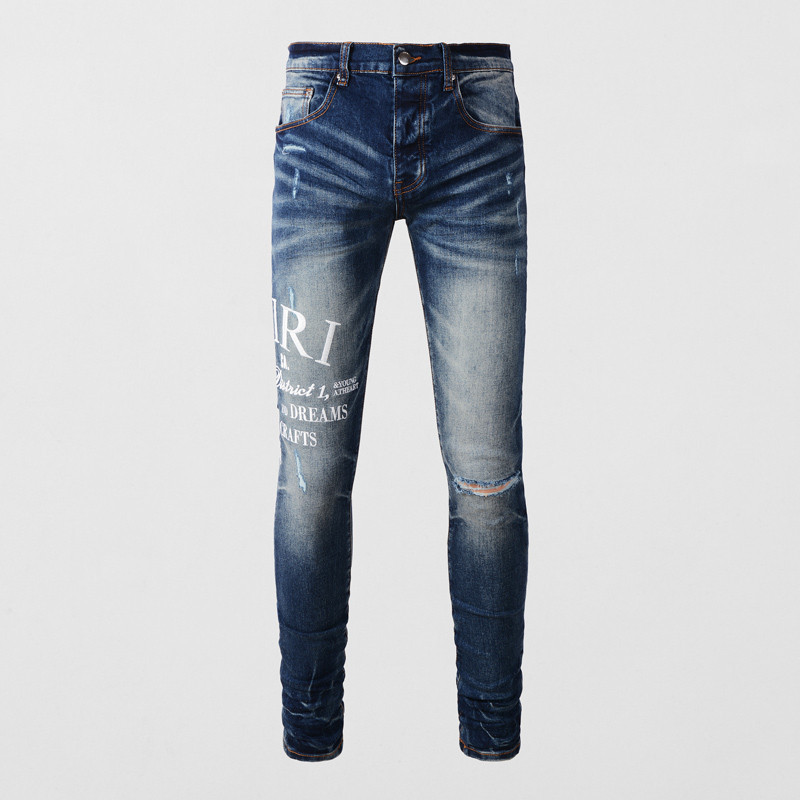 High quality AMIRI fashionable men  jeans Vintage blue tight knee tear trend hip-hop men  denim pan
