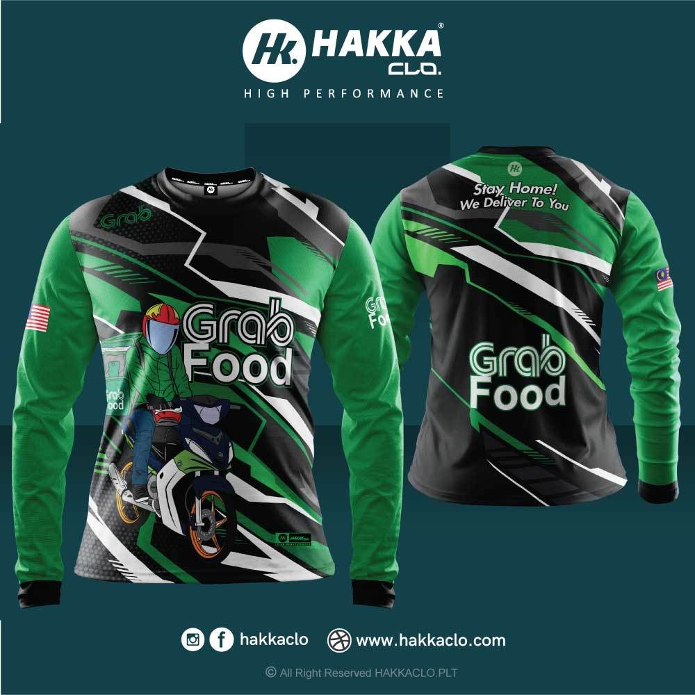 เสื้อยืดแขนยาว ผ้าฝ้าย ระบายอากาศได้ดี พิมพ์ลาย food grab 3 มิติ สําหรับขี่รถจักรยานยนต์