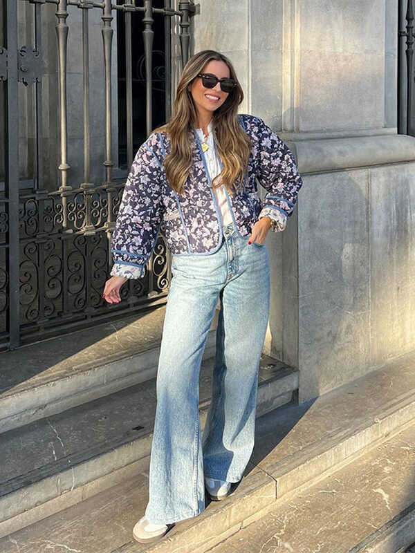 ผู้หญิงสองด้านพิมพ์ 1E9 Denim ฝ้ายเสื้อแขนยาวด้านหน้