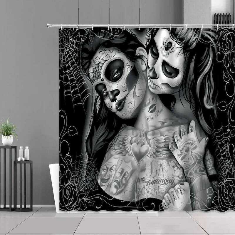 Gothic Tattoo Girl Sugar Skull Shower สีดําสีเทาผ้ากันน้ําโพลีเอสเตอร์ผ้าม่านห้องน้ําพร้อมตะขอ