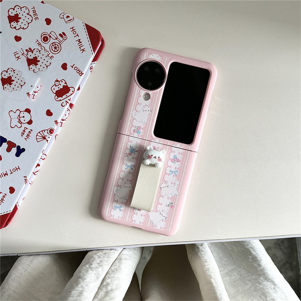 เกาหลีน่ารัก Fresh Stripe ดอกไม้ Kitty แหวนแบบพกพาเคสโทรศัพท์สําหรับ OPPO Find N2 Flip findn2 พลิกค้