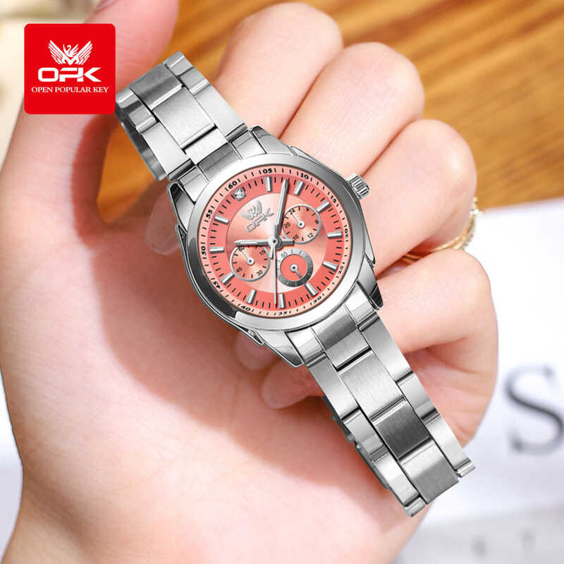 ❤ OPK นาฬิกาผู้หญิงของแท้เกาหลีกันน้ำหน้าปัดสแตนเลสแบบเรียบง่ายสว่างนาฬิกาผู้หญิงของแท้