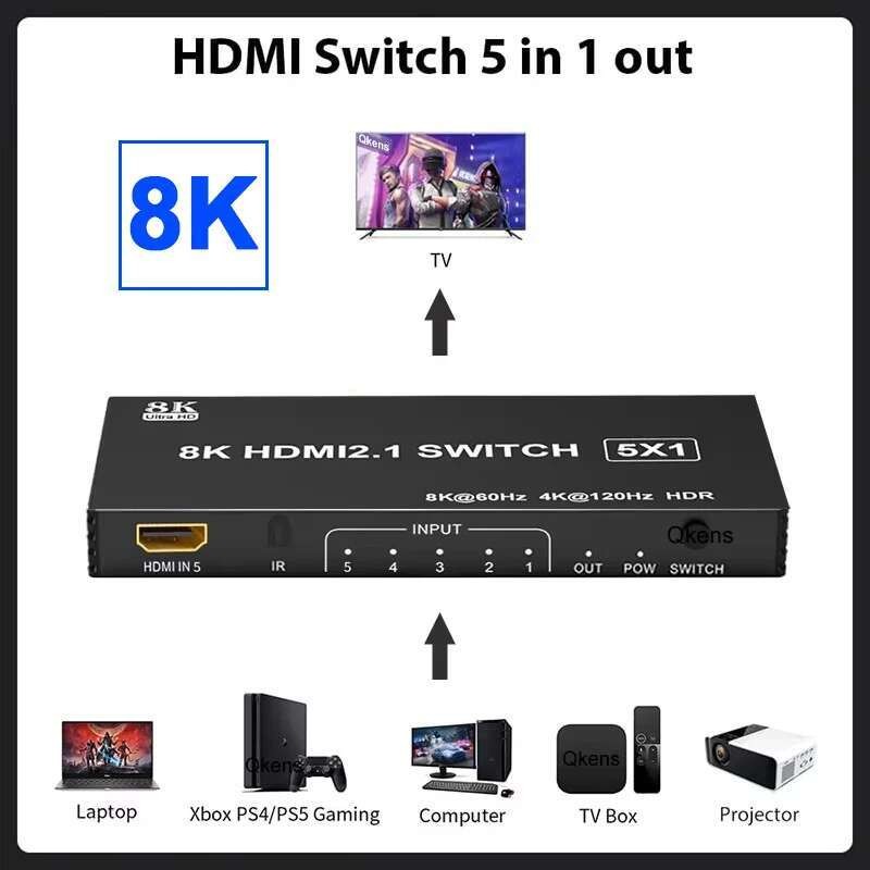 8K 60Hz HDMI Switch 5x1 HDMI2.1 Switcher 5 in 1 Out พร้อม IR Remote 3D HDR 4K 120Hz Video Converter 