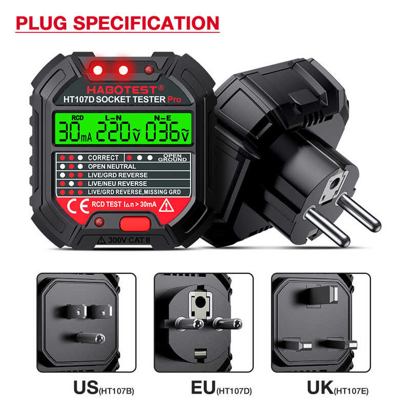 Ht107 Digital HABOTEST Socket แรงดันไฟฟ้า 30Ma RCD Tester Intelligent Detector EU USA UK ปลั๊กสายดิน