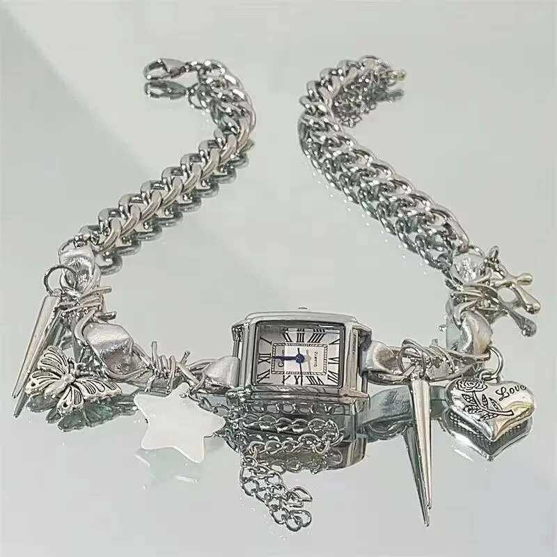 Y2K นาฬิกาหนัง Cyber Puk สร้อยคอเหล็กกล้าไร้สนิม สร้อยคอโชคเกอร์ สร้อยคอเสน่ห์ผีเสื้อและดาวแบบโกธิค