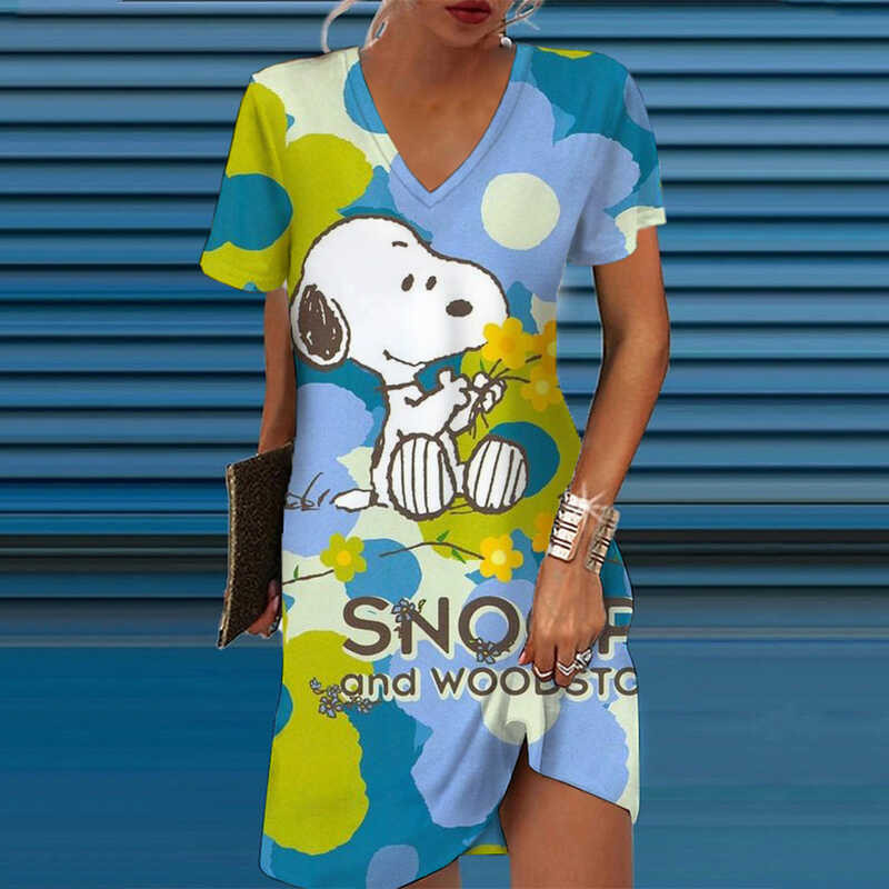 Snoopy 777 ตัวอักษร V คอผู้หญิงฤดูร้อน 3D พิมพ์เสื้อผ้าก