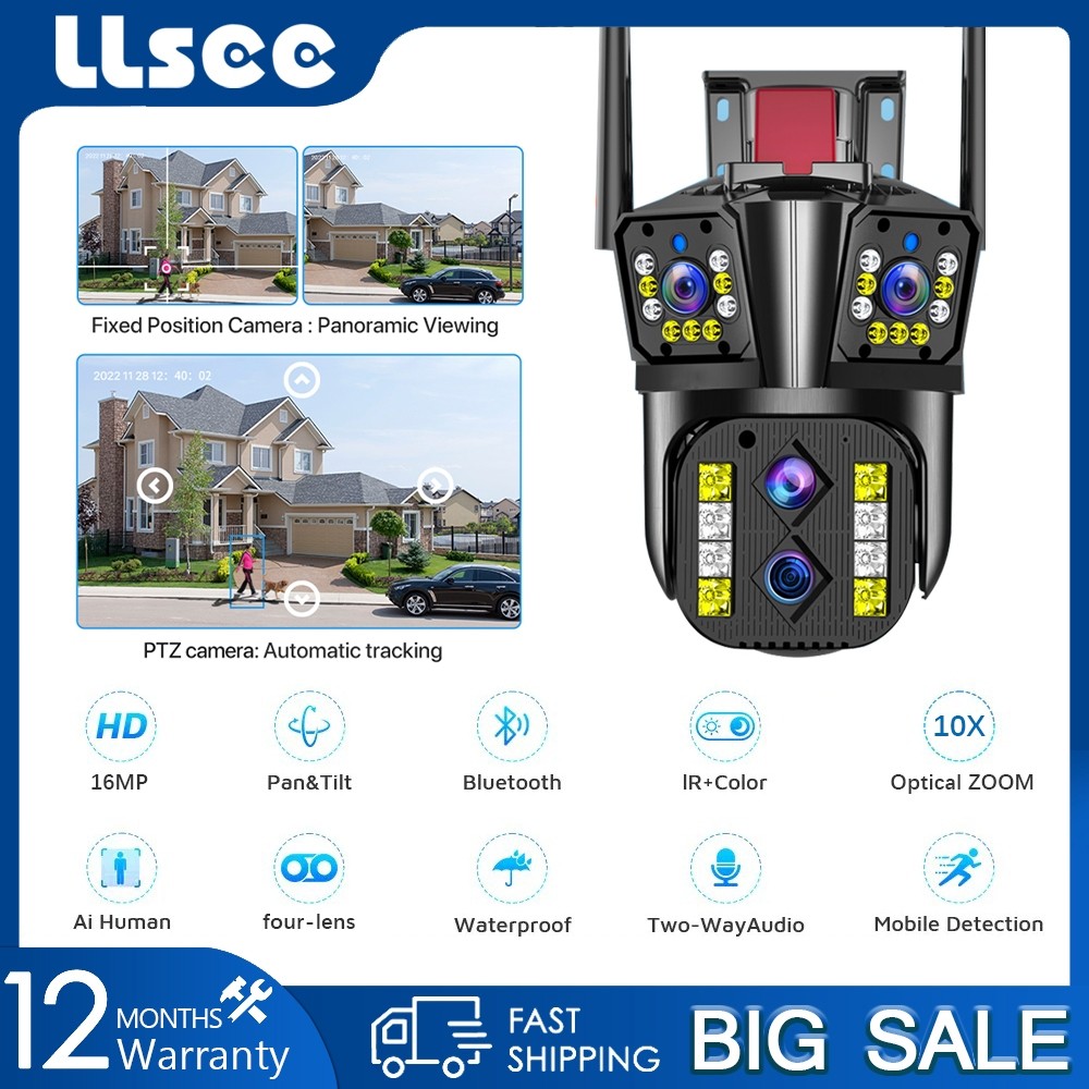 LLSEE 16MP 8K 10X ซูมออพติคอลสามหน้าจอ 4 เลนส์กล้องวงจรปิดไร้สายกลางแจ้ง 360 กล้องกันน้ำ WIFI PTZ ก