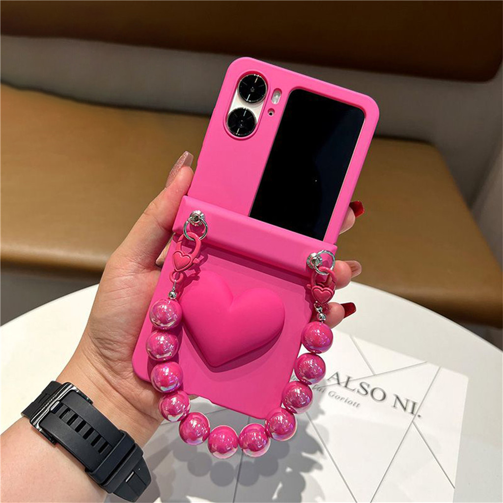 Ins เกาหลี Fresh Love Heart สีทึบ Rose Red กรณีสร้อยข้อมือสําหรับ OPPO ค้นหา N2 Flip ค้นหา N3 ฝาครอบ