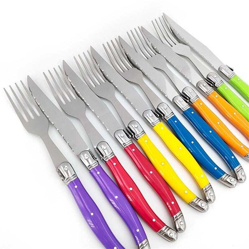 Raiow 20244-24Pcs Laguiole Cutlery Colorful Plastic Handle Tableware Black Steak Fork Spoon Spoon R
