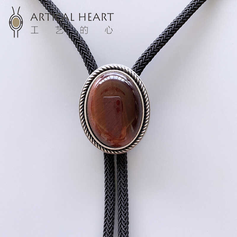 < Red Tiger Eye > Natural Red Tiger Eye Stone Silver-Plated Polo tie bolo tie
