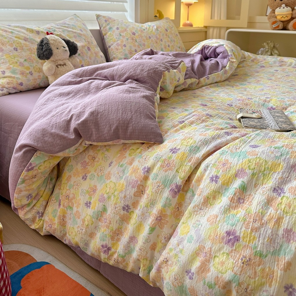 ใหม่นุ่มแฟชั่นผ้ากอซสองชั้นพิมพ์ชุดสี่ชิ้นชุดเครื่องนอนในสต็อก