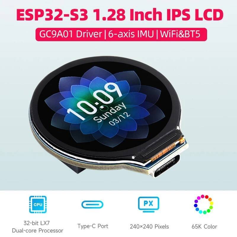 ESP32-S3 บอร์ดพัฒนา 1.28 นิ้ว IPS รอบ LCD 65K 32 บิต LX7 Dual-core โปรเซสเซอร์ GC9A01Driver WiFi BT5