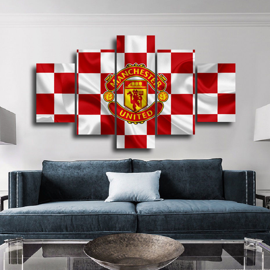 5 Panel MU HD Football Club Logo Wall Stickers Hanging Painting Bedroom Living Room Poster Self-adh