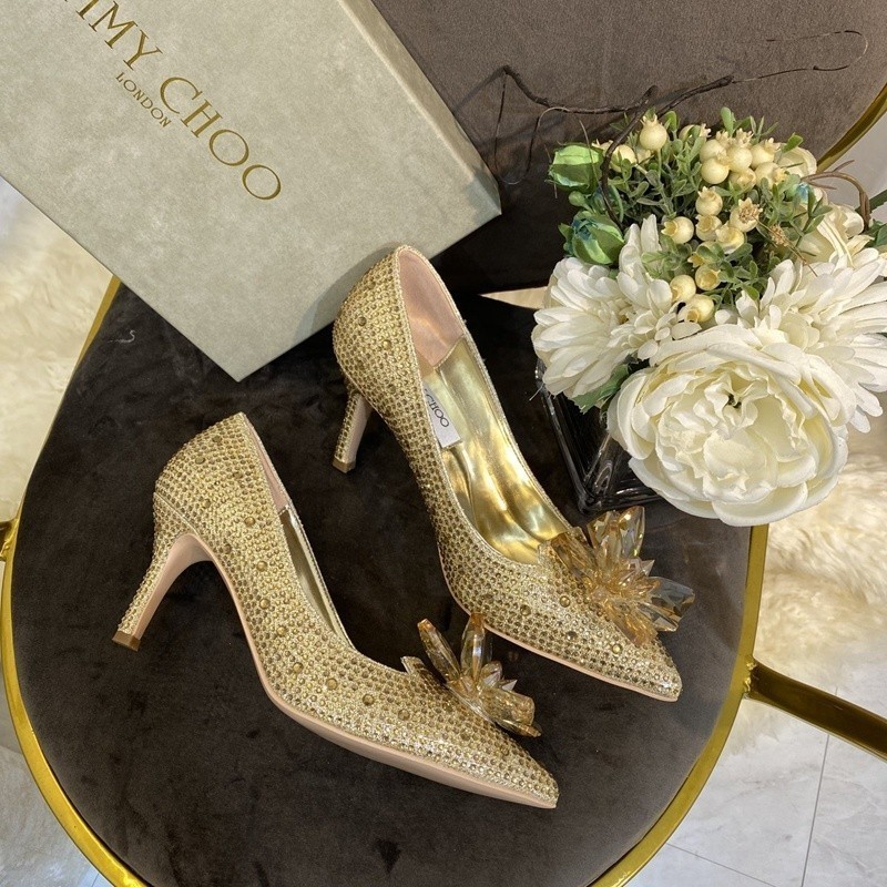 Jimmy Choo รองเท้าส้นสูงชี้ทองคริสตัลรองเท้าแตะ Stiletto 5 ซม./7 ซม./9 ซม. Dream รองเท้าผู้หญิง WUZ