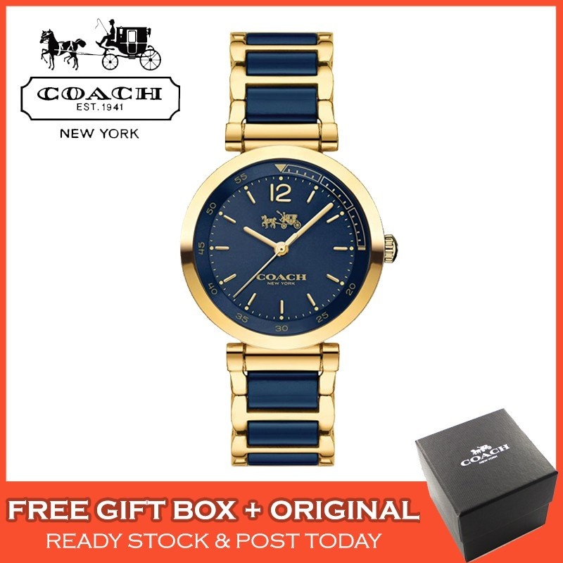 [ต้นฉบับ] Coach 1941 Sport Yellow Gold Blue Ceramic Stainless Steel Women Ladies Watch Jam Tangan W