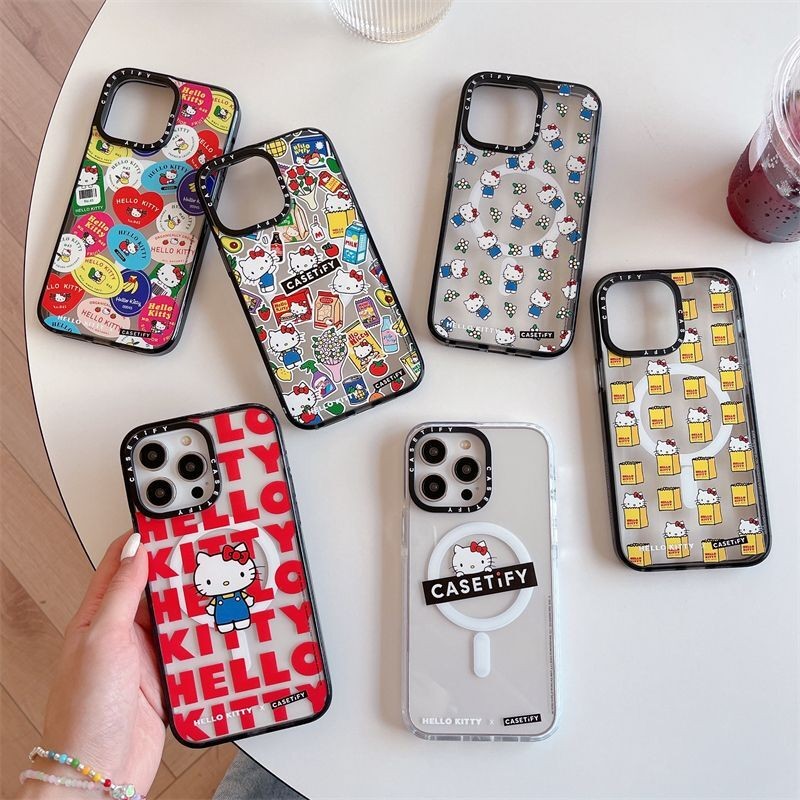 Screenful การ์ตูน Hello Kitty ชาร์จแม่เหล็กขอบนุ่มปลอกสีสันสําหรับ IPhone 15 14 11 12 13 16 Pro Max กรณี 15 16 Plus ฝาครอบอะคริลิคใส Hard กันกระแทกกันชน