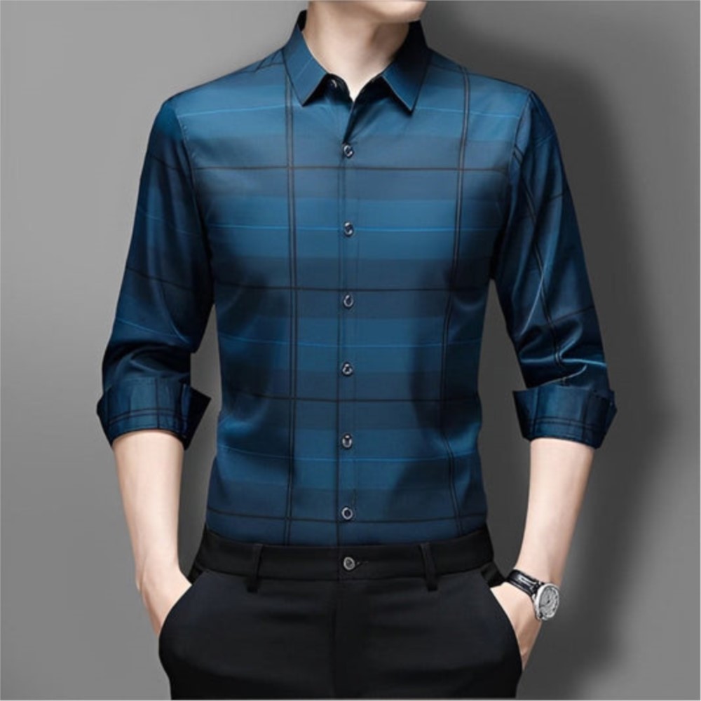 เสื้อเชิ้ตแขนยาวธุรกิจลําลองประจําวันของผู้ชายพิมพ์ลายแถบแฟชั่นถนนกลางแจ้งเสื้อเชิ้ตลายหลวมขนาดใหญ่