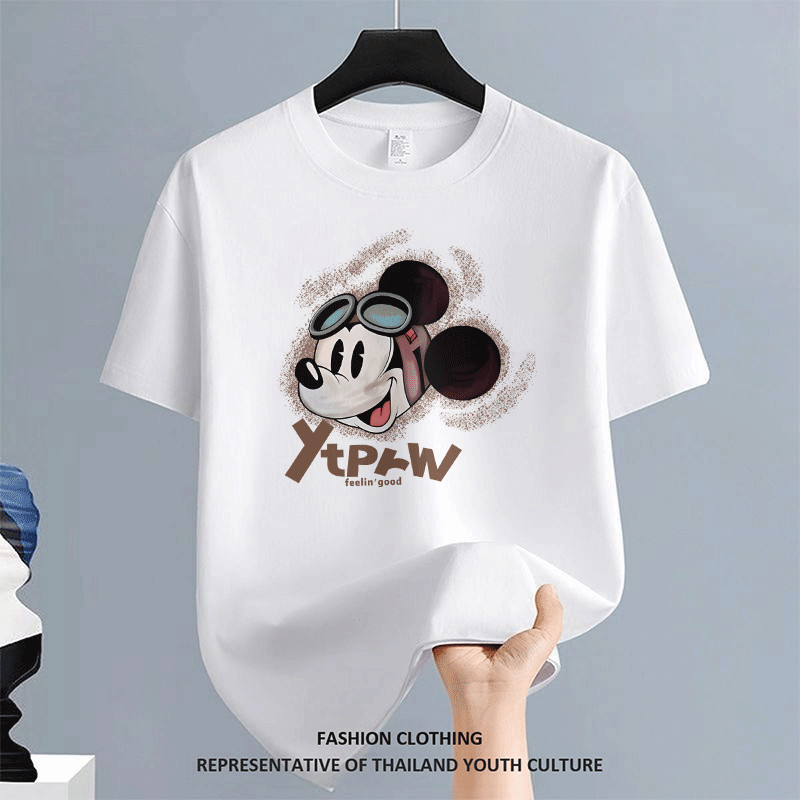 สตรีทแฟชั่น ผู้ชาย เสื้อยืด คอกลม ลายการ์ตูน วินเทจ สวมใส่สบาย เสื้อเมกา สีขาว-ดำ สีดําแขนสั้น ผ้าเนื้อนุ่ม OVERSIZE