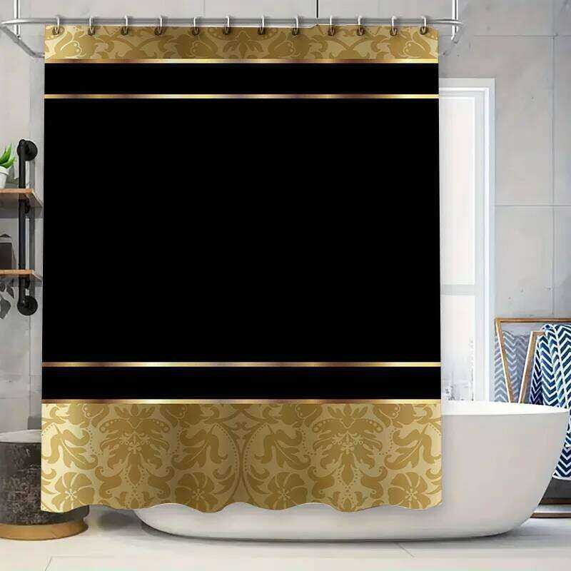 Bath Shower Curtain Decor กันน้ํา Damask พิมพ์สีดําพร้อมกระเป๋าก้าน 72\ x 84\ ชุดสําหรับตกแต่งห้องน้