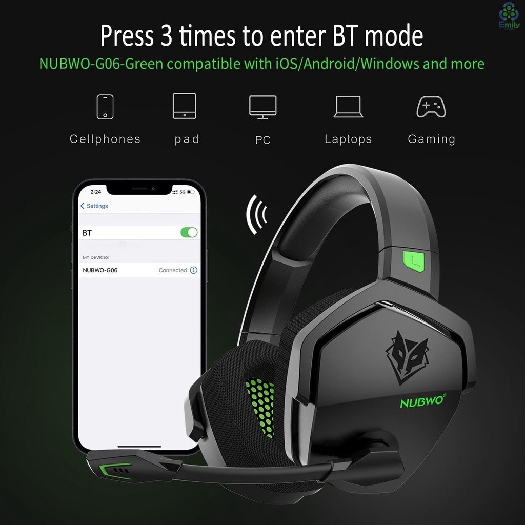 Nubwo G06 ชุดหูฟังเกมมิ่งไร้สาย ตัดเสียงรบกวน พร้อมไมโครโฟน แบตเตอรี่ 2.4G BT 48 ชั่วโมง สําหรับ PS