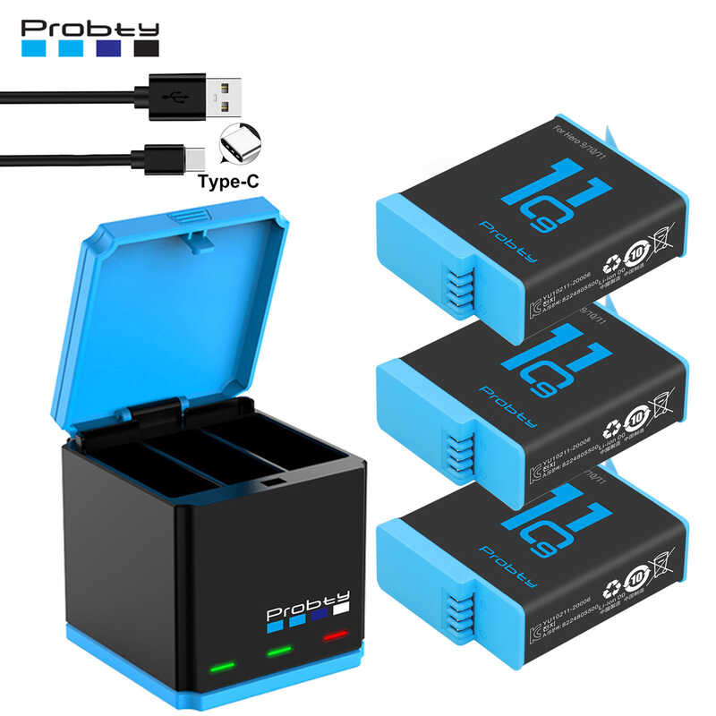1850mAh f Battery for +LED 3-Slots Charger with Type-C Port For GoPro Hero 12 Go Pro 10 11 hero 9
