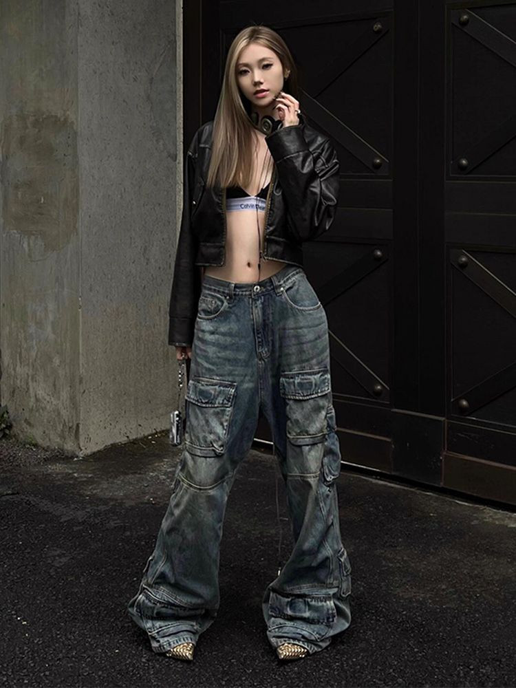 Shanmieleng American High Street Design Sense Multi-pocket Overall กางเกงยีนส์ผู้ชายผู้หญิงฤดูร้อนบาง hiphop กางเกงขากว้าง