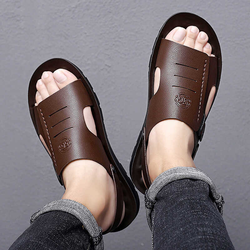 ❤ 98Fgf รองเท้าแตะหนังผู้ชายก้นแบนน้ำหนักเบารองเท้า