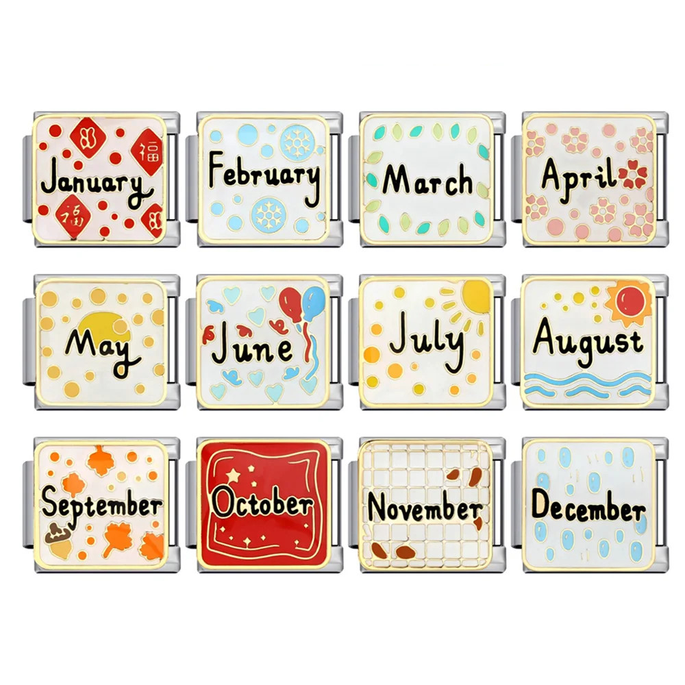 เทรนด์ผู้หญิงเคลือบสี 12 เดือนอิตาเลี่ยน Charm Link Fit 9 มม.สร้อยข้อมือสแตนเลสทํา DIY ลูกปัดเครื่องประดับ
