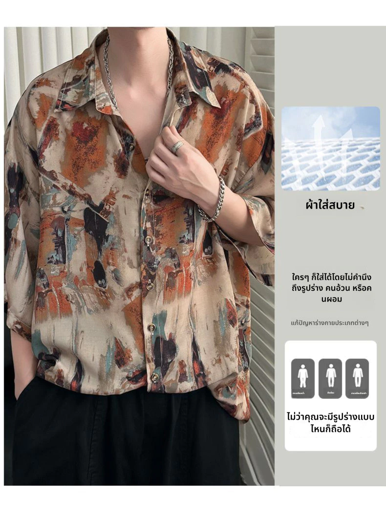 เสื้อเชิ้ตผู้ชายแขนสั้นลายดอก ผ้าไหมน้ำแข็งพรีเมี่ยม thumbnail 3