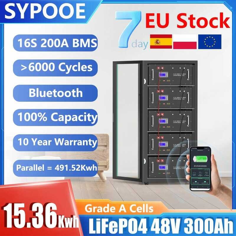 แบตเตอรี่ LiFePO4 ขนาด 15Kwh 48V 300Ah จาก EU 6000+ รอบ Bluetooth RS485 CAN BMS 51.2V 100Ah 120Ah 15