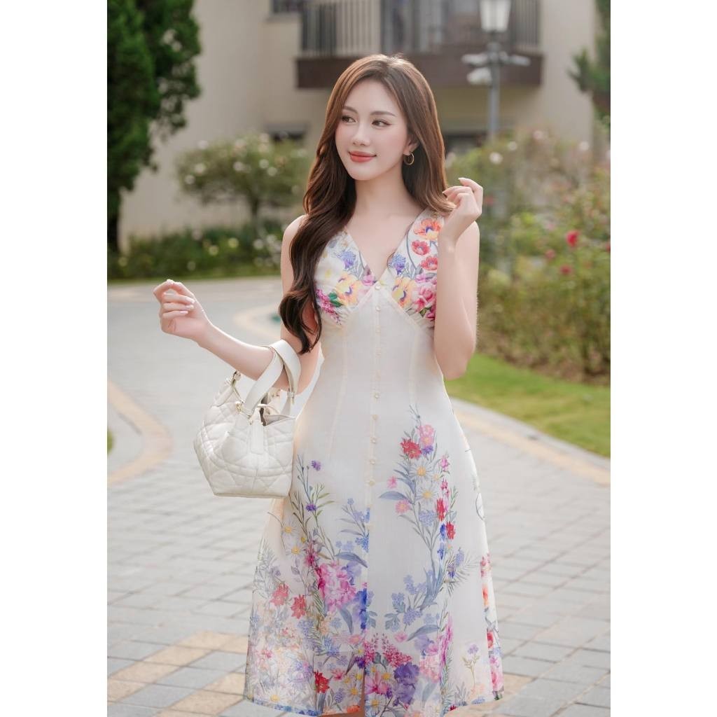 Silk MYY FASHION เดรสดีไซน์คอพิมพ์ลายดอกไม้ Cypress