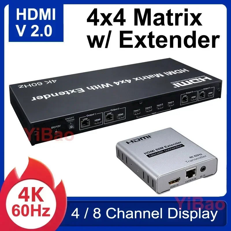 4k 60Hz 4x4 Matrix HDMI 2.0 4x4 HDMI Matrix พร้อม Extender ผ่าน Cat5e Cat6 Rj45 Ethernet Cable Switc