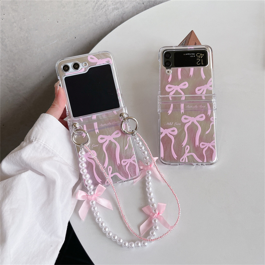 SAMSUNG เกาหลีน่ารักglitterสีชมพูโบว์สร้อยข้อมือมุกเคสโทรศัพท์สําหรับsamsung Galaxy Z Flip 6 5Z Flip5 Flip3 Flip4 flip6 ฝาครอบกันกระแทก