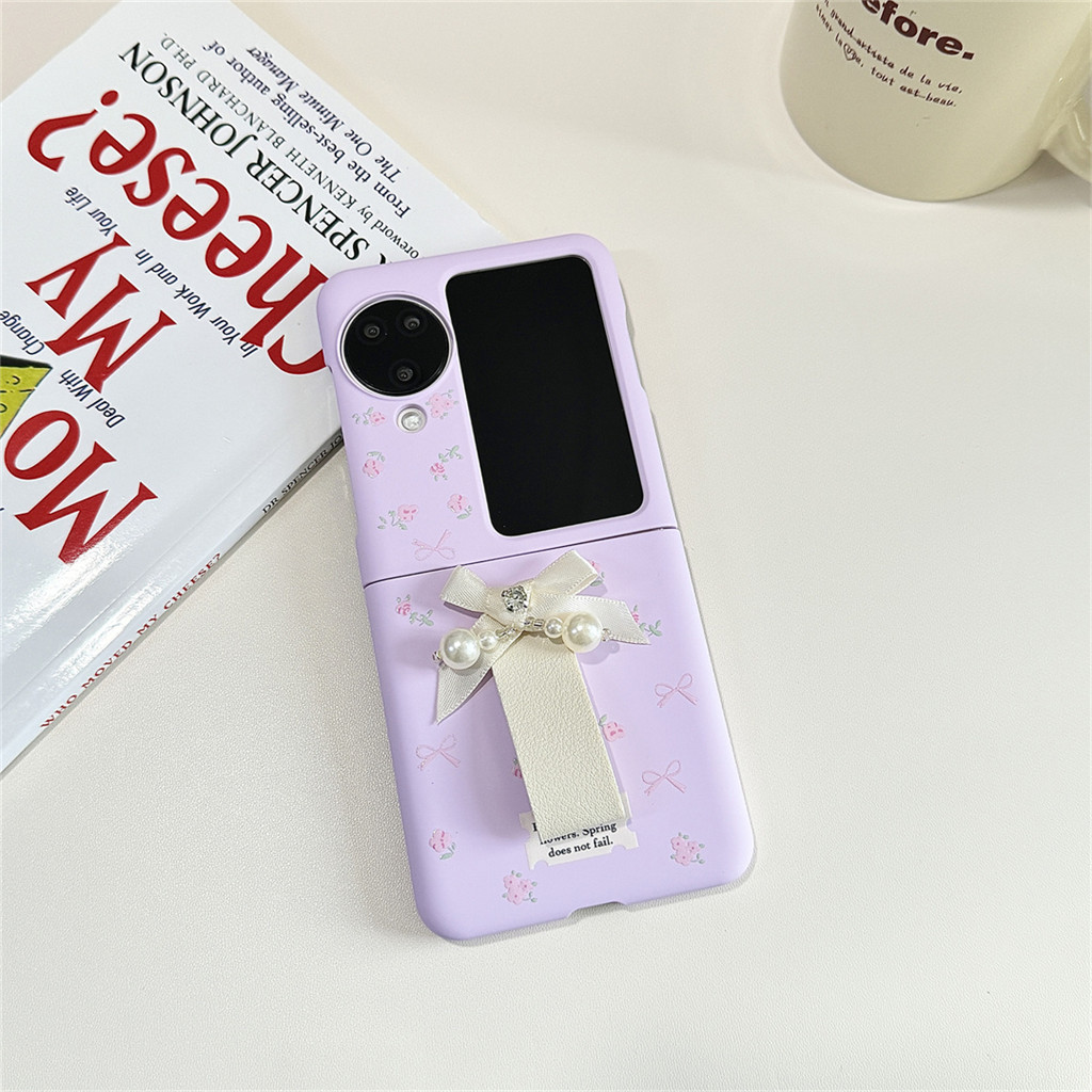 เกาหลีน่ารักสดสีทึบสีม่วงโบว์ดอกไม้แหวนเคสโทรศัพท์สําหรับoppo N3Flip N3 Flip N3Flip N2Flip N2 Flip N2Flipปกหลัง