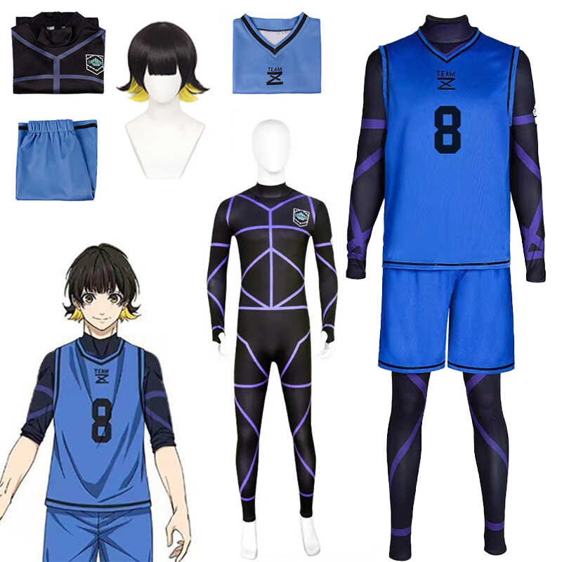 Blue e อะนิเมะ Lock Bachira Meguru คอสเพลย์เครื่องแต่งกายฟุตบอ