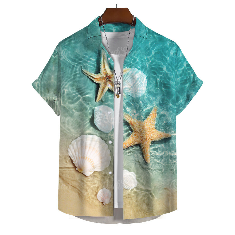 เสื้อแขนสั้นบุรุษ, ชุดวันหยุดชายหาดมีสไตล์, พิมพ์ลายชีวิตทางทะเล, เสื้อเชิ้ตฮาวายทรงหลวมบุรุษ, เสื้อแขนสั้นบุรุษขนาดใหญ่