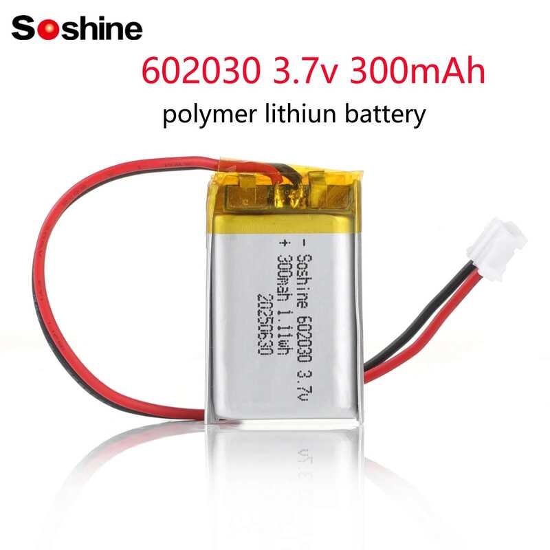 602030 แบตเตอรี่ลิเธียมโพลิเมอร์ Soshine 300mAh 3.7V สำหรับหูฟังบลูทูธและลำโพง
