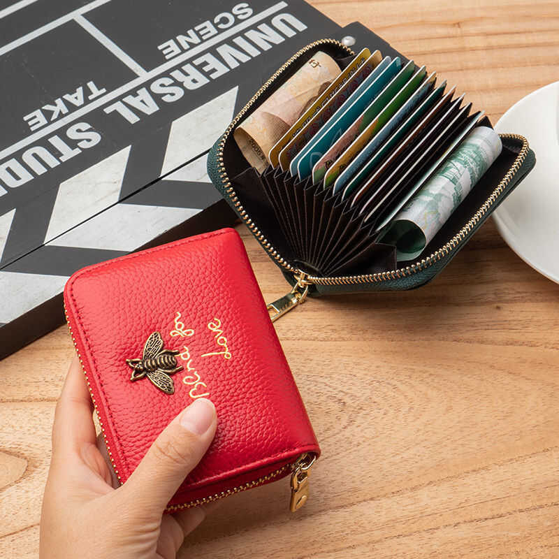 Simple Little Bee Card Holder Multifunctional Large-ความจุ Card Holder Card Holder Coin Purse Cowhid