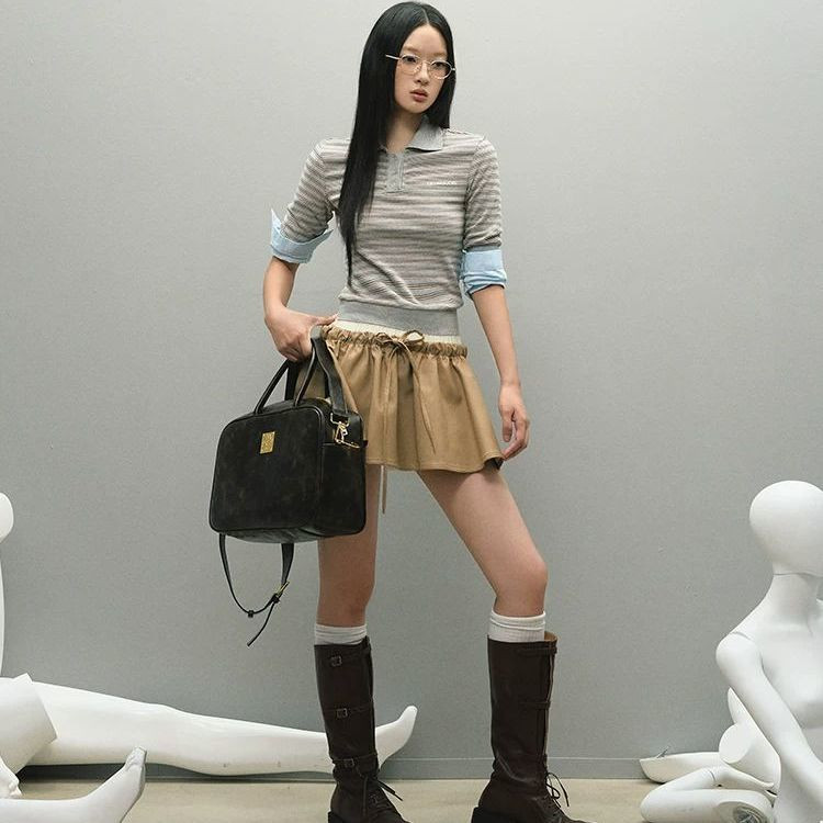 Shanmieleng การออกแบบสองชิ้นปลอมลาย POLO เสื้อยืดแขนยาวผู้หญิงต้นฤดูใบไม้ร่วงอเมริกันเรียบง่ายปกด้านบน
