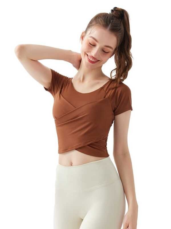 ❤ Hoppe Fumeng Yoga Sports Bra Top Padded Short Sleeve Cross Front Running Fiess