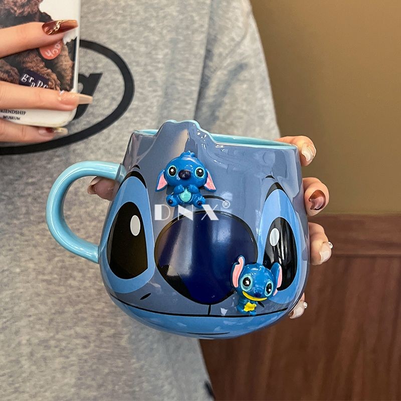 แก้วดิสนีย์ Stitch แก้วน้ำคู่เซรามิกทรงสูงถ้วยกาแฟนมของขวัญวันเกิดสำหรับผู้หญิง