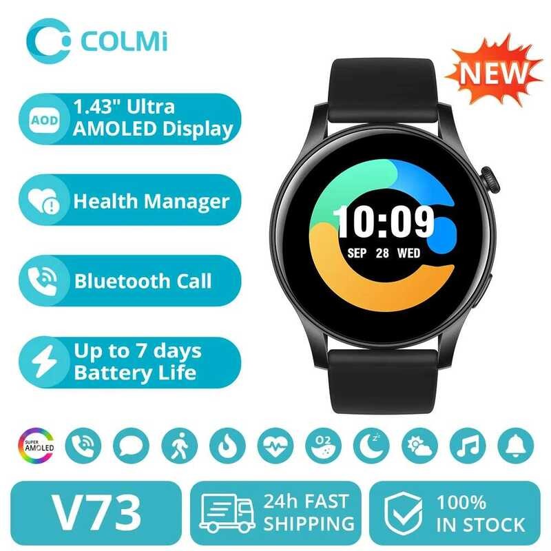 COLMI สมาร์ทวอทช์ V73 รุ่นใหม่ปี 2024 หน้าจอ AMOLED โทรผ่านบลูทูธ ติดตามสุขภาพและฟิตเนส สำหรับผู้ชาย
