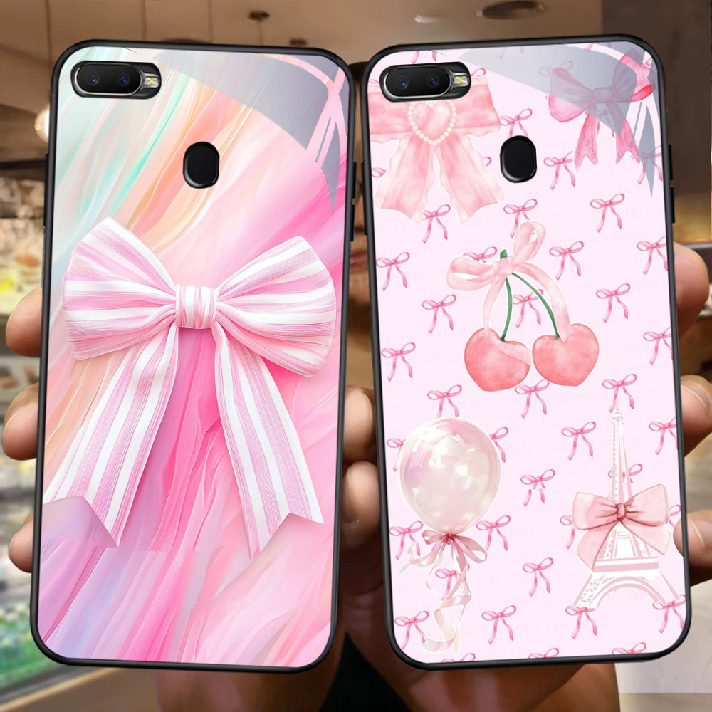 NA-66 สีชมพูโบว์รูปแบบ HD Softcase Glossy Glass สําหรับ OPPO A7 A12 A12S A11K A5S F9 F7 F5 Realme 2 