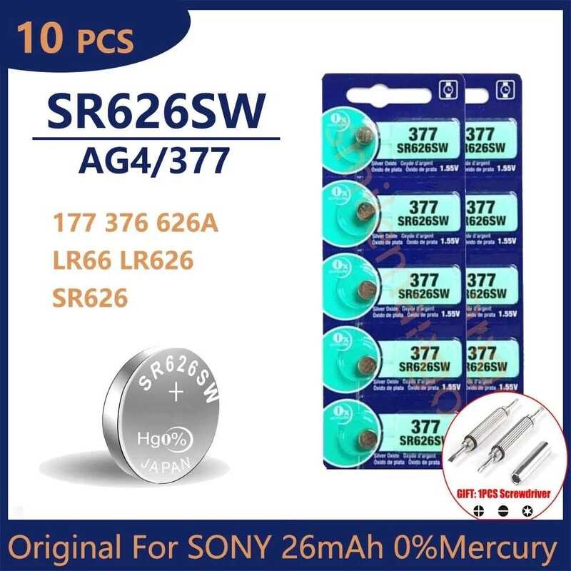 แบตเตอรี่ปุ่ม SONY AG4 377 จำนวน 10 ชิ้น SR626SW SR626 177 376 626A LR66 เซลล์เหรียญอัลคาไลน์