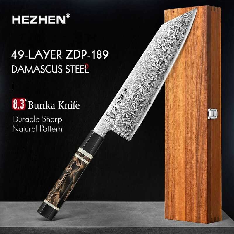 HEZHEN 8.3 นิ้ว Bunka 49 ชั้น ZDP-189 ดามัสกัสเหล็กผง Core เหล็กครัว Cook ไม้ของขวัญกล่อง kiritsuke