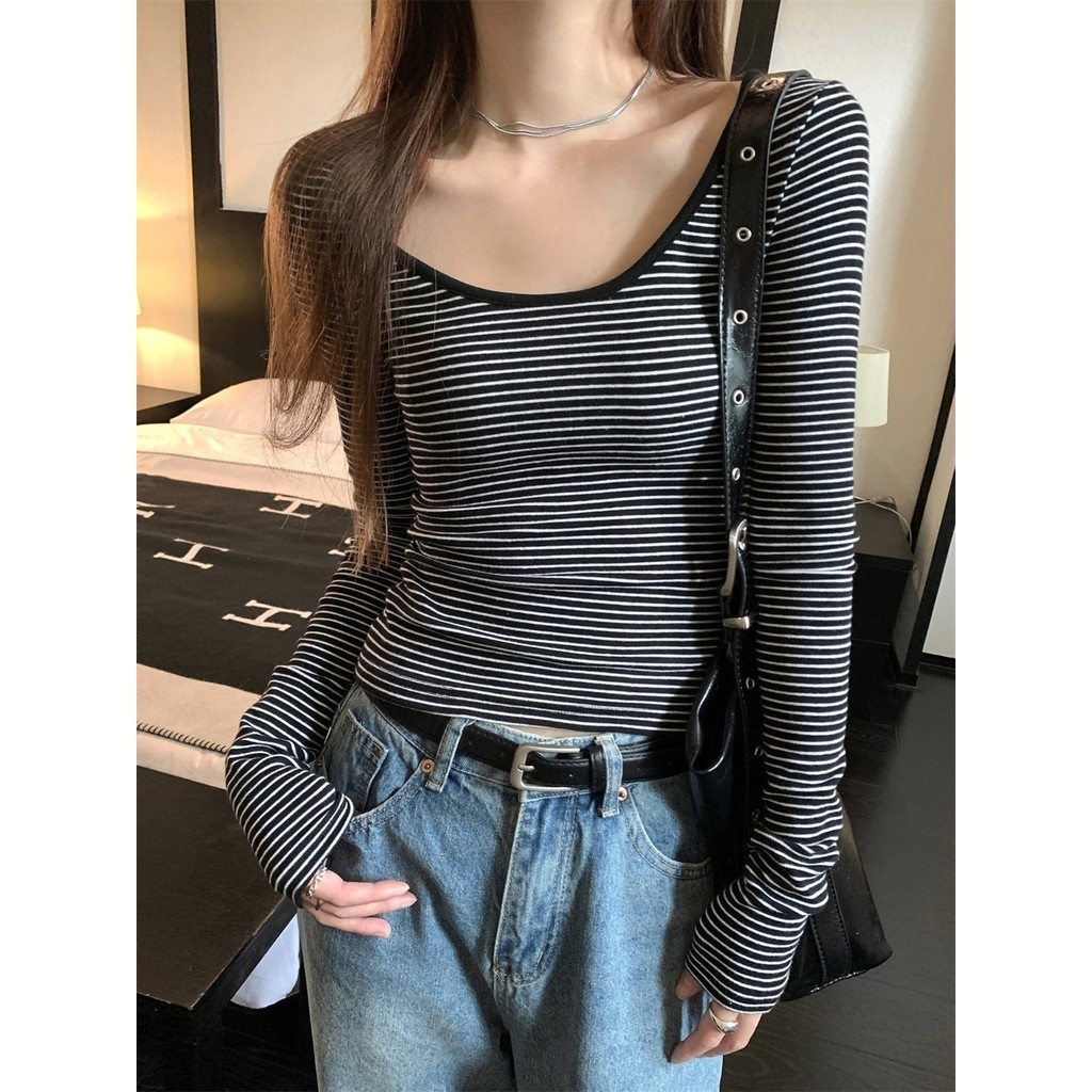 76920 เสื้อยืดคอกลมแขนยาวผ้าฝ้ายลายทางบาง