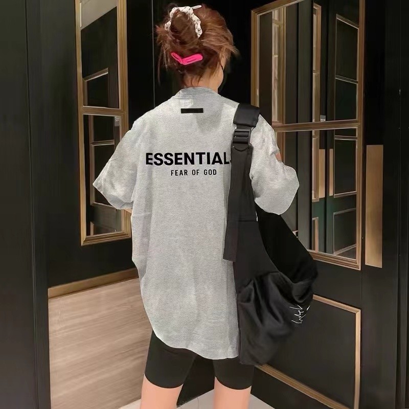 FOG FEAR OF GOD DOUBLE LINE ESSENTIALS กลับตัวอักษร Flocking High Street เสื้อยืดหลวมแนวโน้มฤดูร้อน
